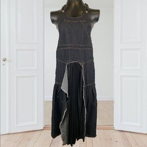 Denim Midi Overalls Suspender Torn Front Pleated Dress